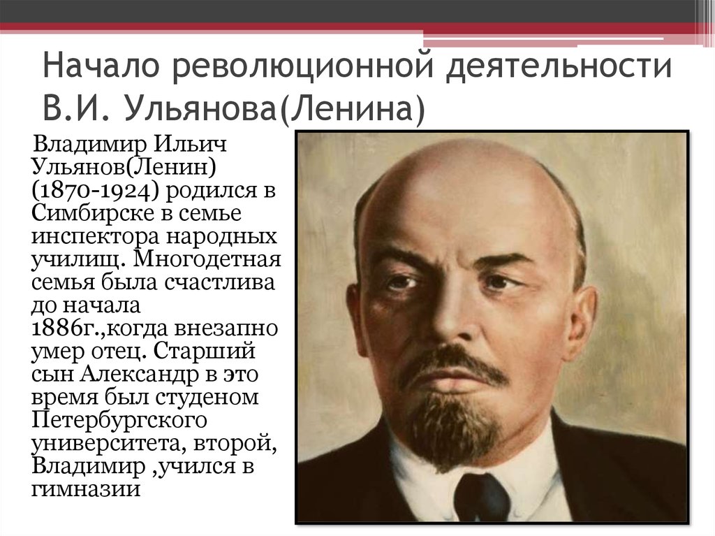 Какого года ленин. Ленин (Ульянов) Владимир Ильич (1870–1924). Владимир Ленин Ульянов годы правления. Начало революционной деятельности Владимира Ильича Ульянова Ленина. Родился Ульянов Ленин Симбирск.