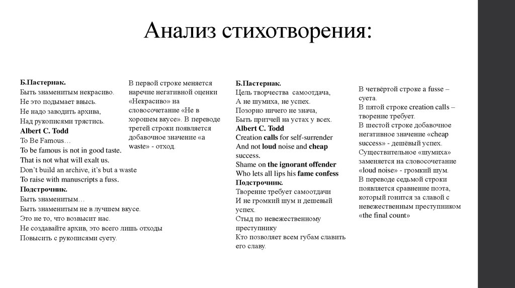 Быть знаменитым некрасиво анализ стихотворения по плану