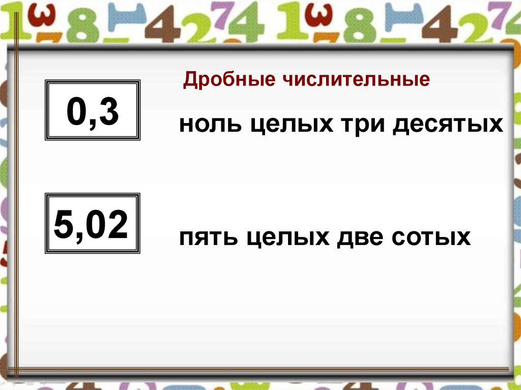 2 5 десятых. Дробные числительные. Дробные числительные в русском языке. Ноль целых пять сотых. Три целых пять десятых.