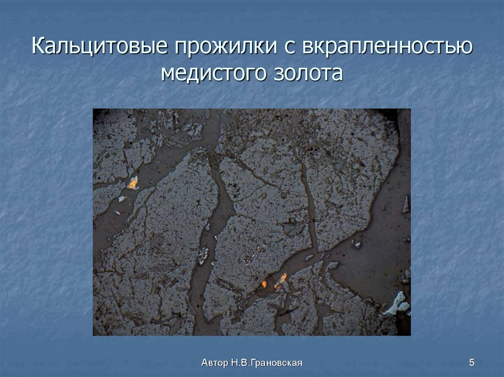 Кальцитовые прожилки с вкрапленностью медистого золота