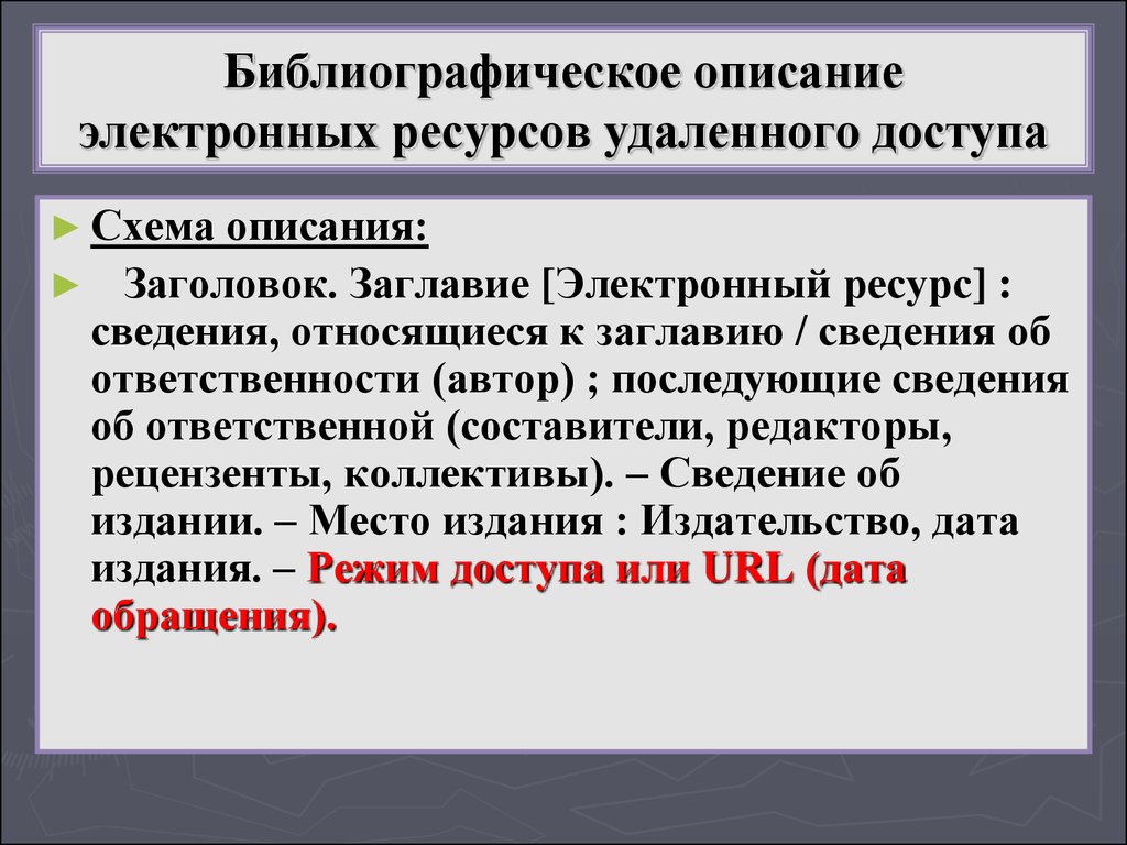 Описание электронных. Электронный ресурс удаленного доступа библиографическое описание. Описание электронного ресурса удаленного доступа. Схема описания электронных ресурсов. Библиографическое описание сайта.