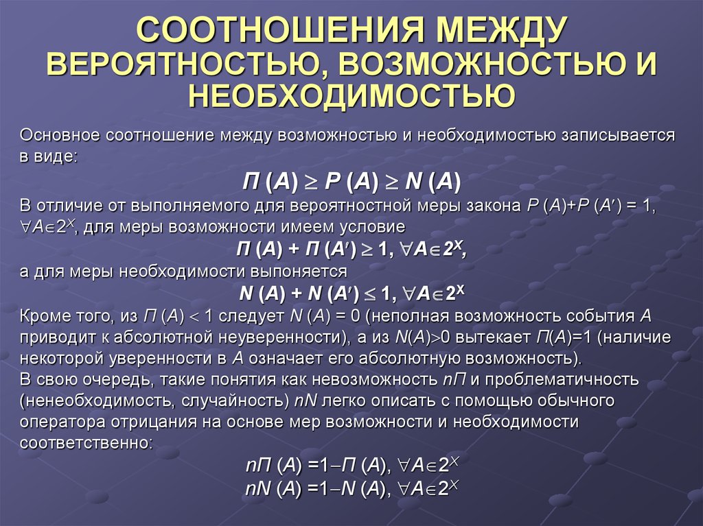 Возможность вероятности. Возможность и вероятность различия. Основные соотношения. Соотношение вероятности. Основные соотношения между вероятностями событий.