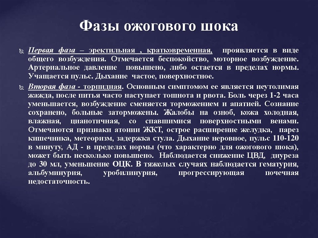 Исходы шока. Стадии ожогового шока. Торпидная фаза ожогового шока.