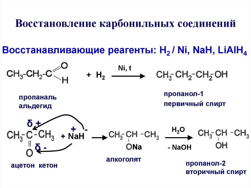 1 4 карбонильные соединения. Пропанол-1 из карбонильного соединения. Реакция восстановления пропаналь. Получение спиртов из карбонильных соединений.