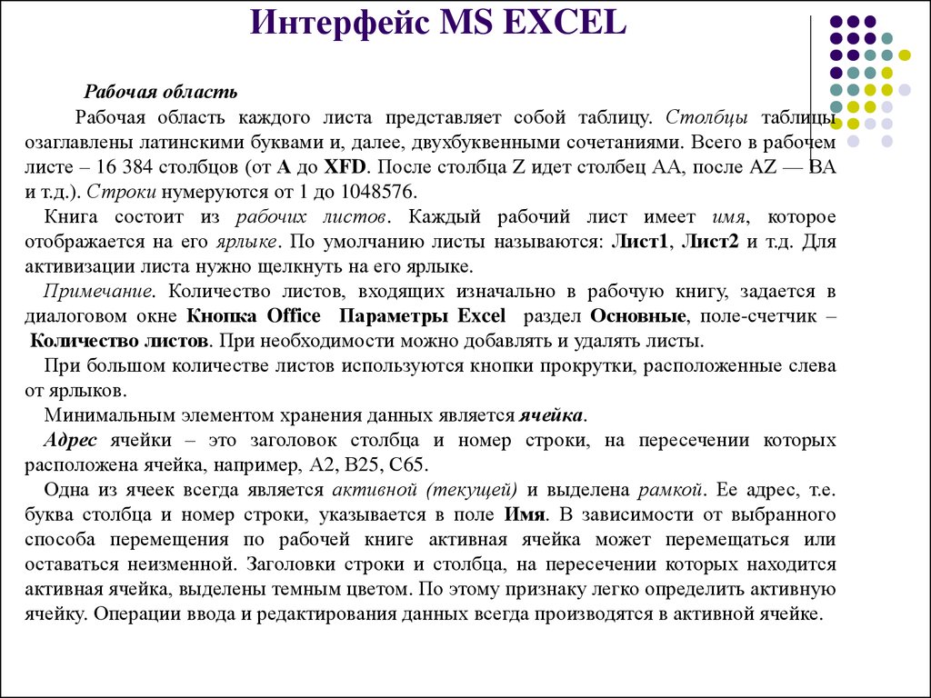 Интерфейс MS EXCEL