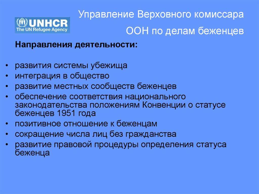 Проанализировать цели оон. Верховный комиссар ООН по делам беженцев. Управление Верховного комиссара ООН. Управление ООН по делам беженцев. Основные направления деятельности УВКБ ООН.