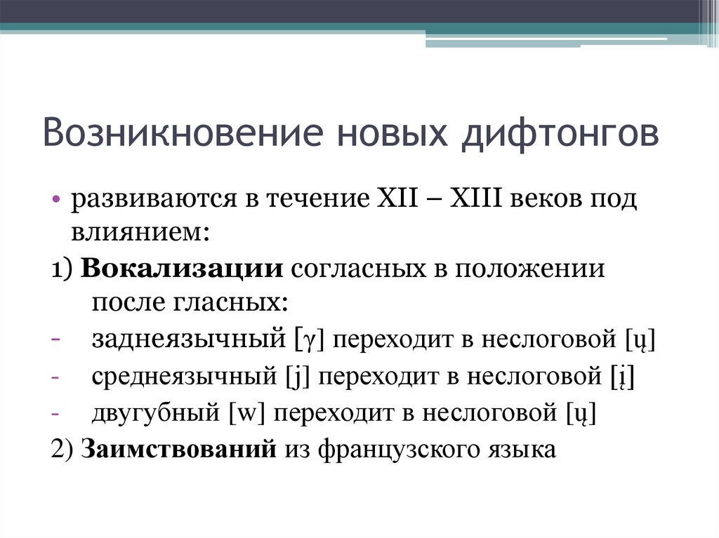 Изменения гласных в среднеанглийский период. Происхождение французских дифтонгов. Вокализации. Вокализация.