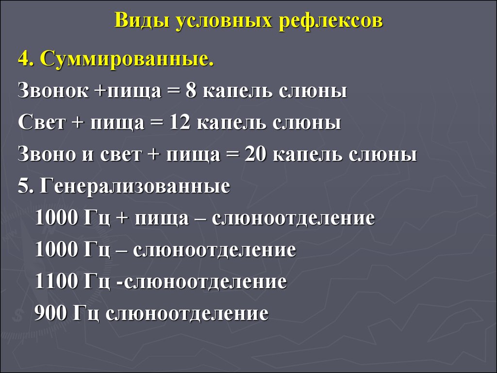 Типы условных рефлексов. Виды условных рефлексов. Формы условных рефлексов. Условные сигналы рефлекса виды. Генерализованный вид условных рефлексов.