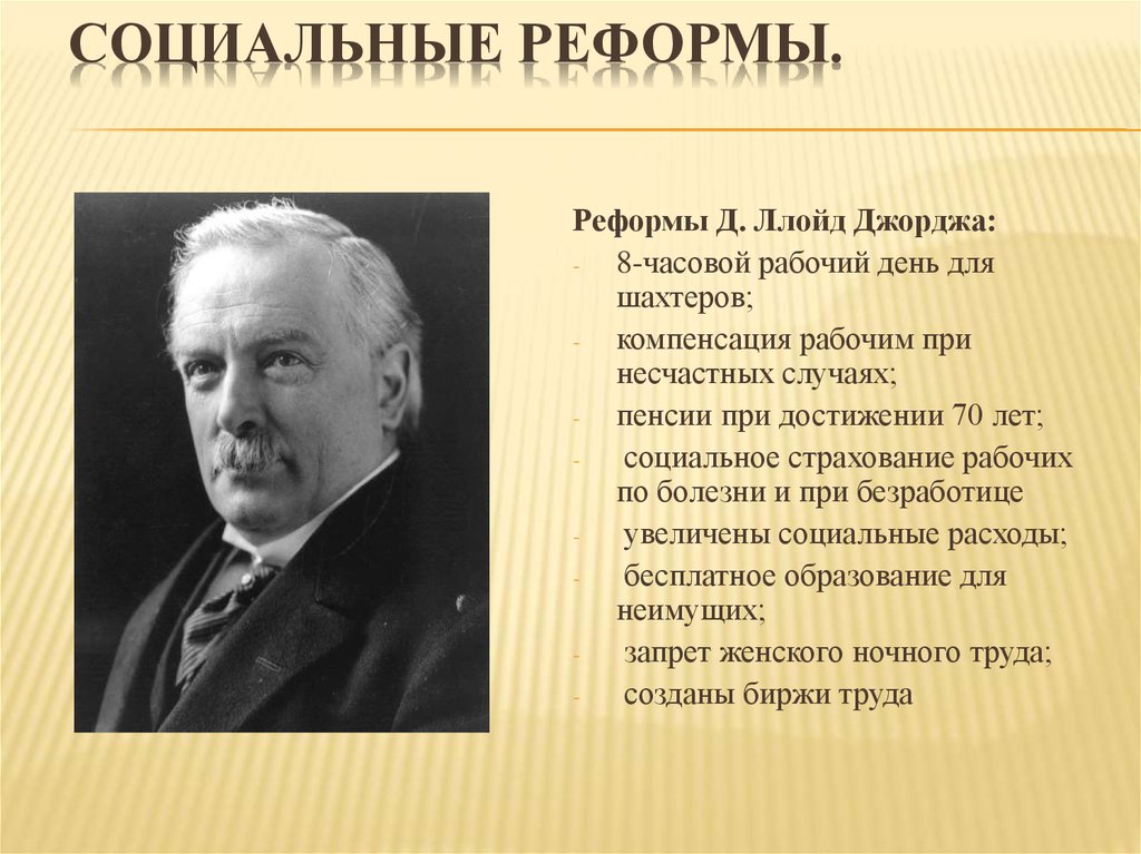 Джордж д. Д Ллойд Джордж. Реформы Ллойд Джорджа. Социальные реформы. Правительство Ллойд Джорджа в Великобритании.