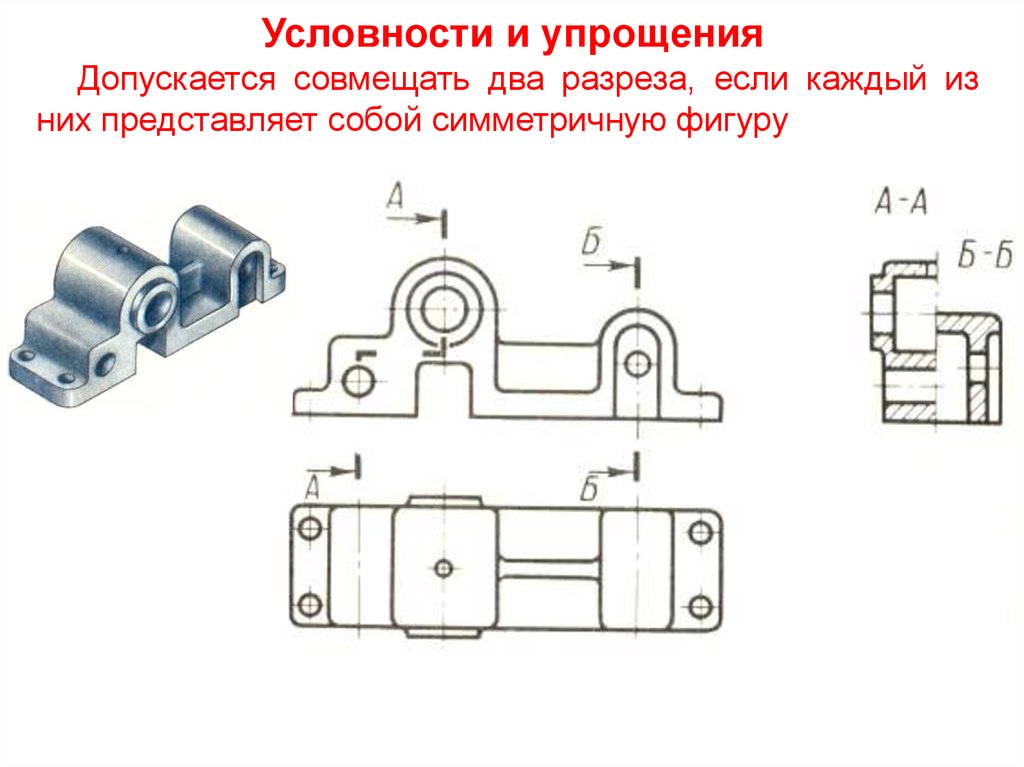 Соединение части вида с частью разреза условности и упрощения на изображениях