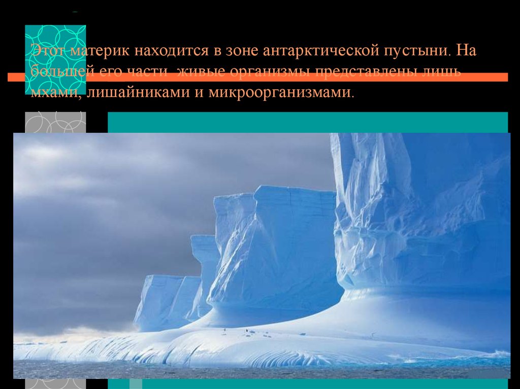 Этот материк находится в зоне антарктической пустыни. На большей его части живые организмы представлены лишь мхами, лишайниками и микроор