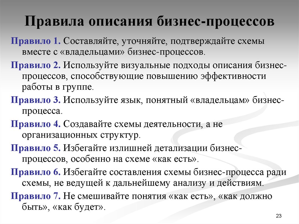 Правила процесса. Задачи собственника бизнеса. Описание правила. Подходы к описанию процессов. Описание правило.