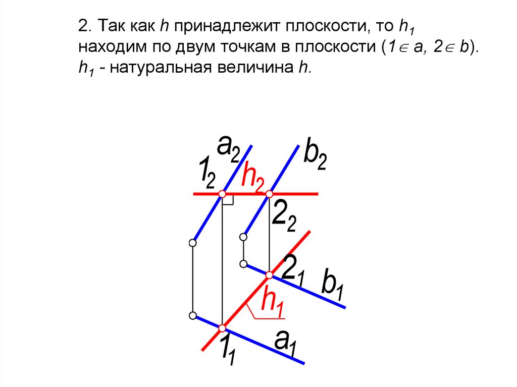 2. Так как h принадлежит плоскости, то h1 находим по двум точкам в плоскости (1 а, 2 b). h1 - натуральная величина h.