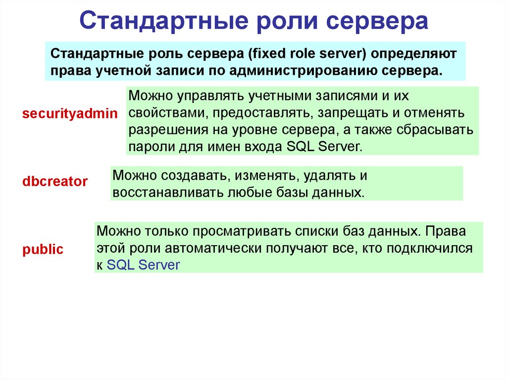 Роли сервера. Серверные роли. Серверные роли это в БД. Определение ролей сервера.