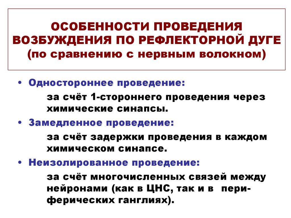 Особенности провел. Особенности проведения возбуждения по рефлекторной дуге. Особенности распространения возбуждения по рефлекторной дуге. Задержка проведения возбуждения в нервных центрах. Замедление проведения возбуждения.