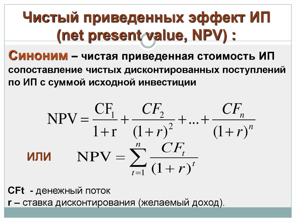 Чистый приведенных эффект ИП (net present value, NPV) :