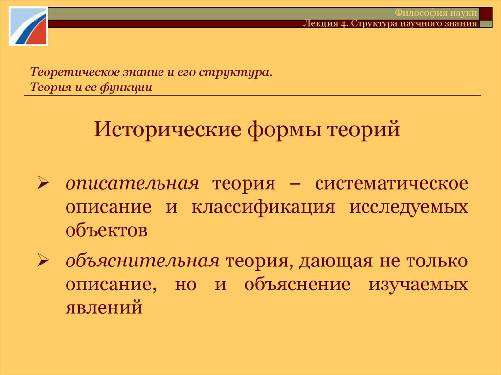 Что входит научного знания. Описательные теории. Описательная теория и объяснительная теория. Теория форм. Научная форма исторического знания.