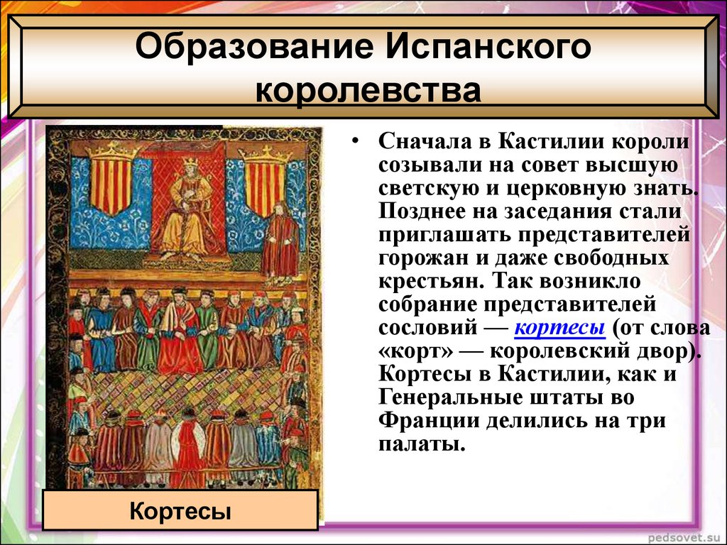 Сословия кастилии. Образование испанского королевства. Образование королевства Испания. Собрание представителей сословий. Кортесы в Кастилии.