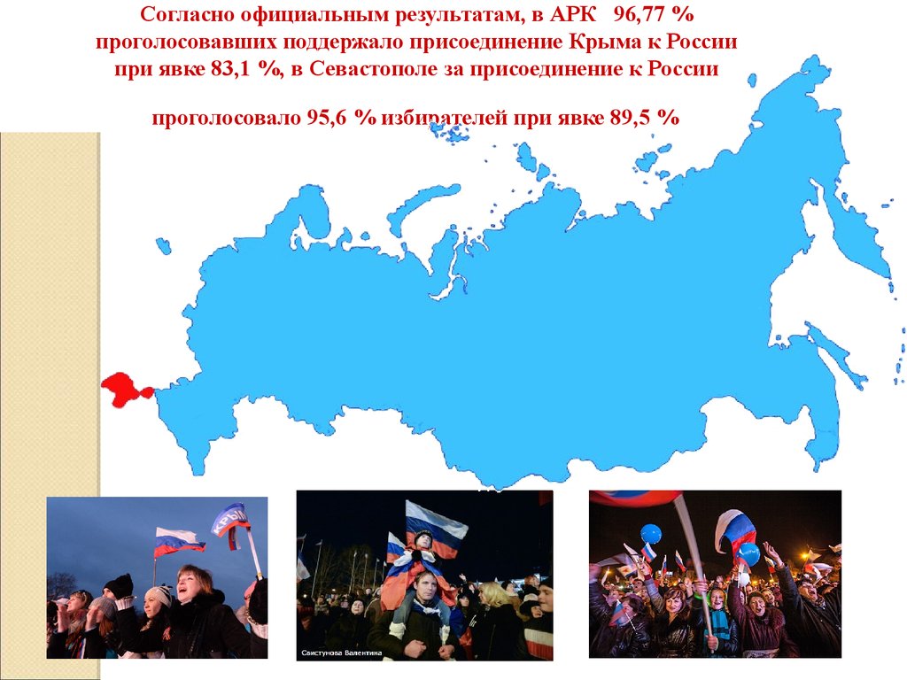 Согласно официальным результатам, в АРК 96,77 % проголосовавших поддержало присоединение Крыма к России при явке 83,1 %, в Севастополе за присо