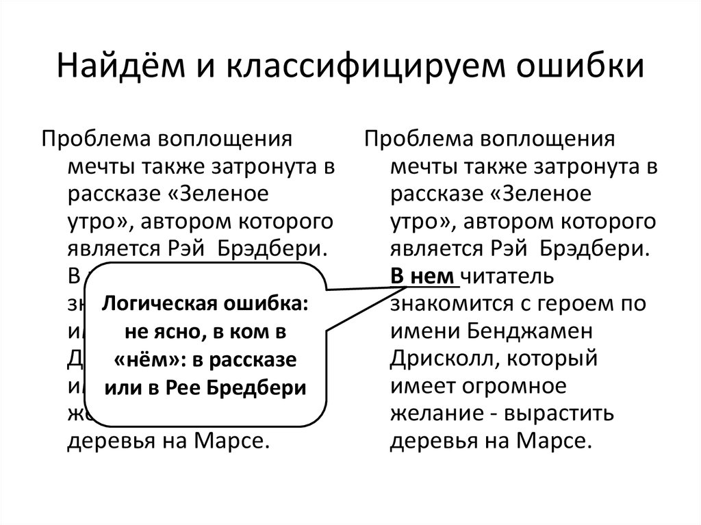 Ошибка воплощения. Классификация логических ошибок ЕГЭ русский. Приемы, облегчающие нахождение логических ошибок. Укажите правильный набор классификации ошибок. Логическая ошибка главный герой.