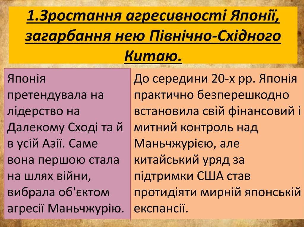 1.Зростання агресивності Японії, загарбання нею Північно-Східного Китаю.