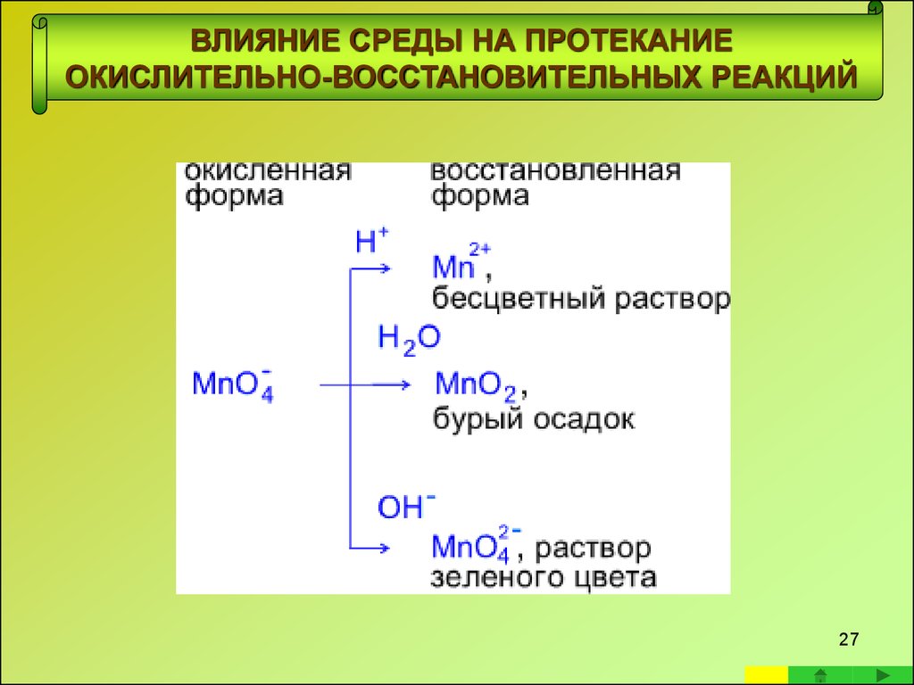 Реакция среды примеры. Влияние среды на протекание окислительно-восстановительных реакций. Влияние PH среды на окислительно восстановительные реакции. Влияние среды на ОВР. Влияние среды на протекание ОВР.