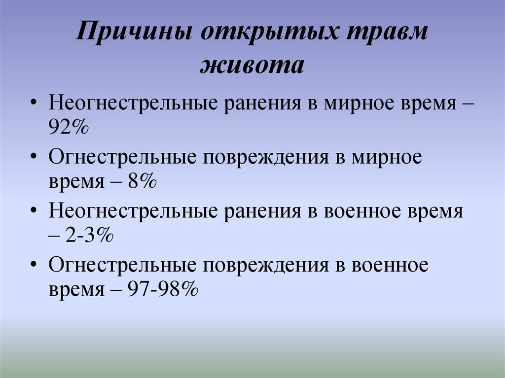 Открытая причина. Открытая и закрытая травма живота. Неогнестрельные ранения. Классификация боевых повреждений живота.