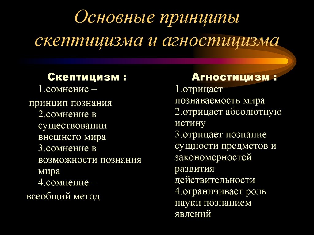 Кто такой скептик простыми словами. Агностицизм основные положения. Основные принципы скептицизма. Основные принципы скептицизма и агностицизма. Скептицизм основные идеи.