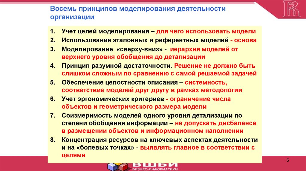 Восемь принципов. Моделирование деятельности организации. Цели и принципы моделирования. Моделирование аспектов деятельности организации. Принципы моделирования в менеджменте.