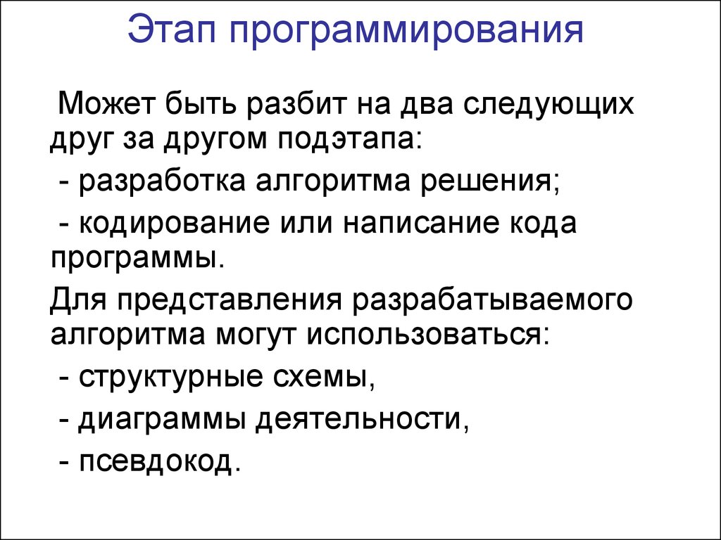 Результатом этапа программирования является запись алгоритма. Этапы программирования. Последовательность этапов программирования:. Этап программирования включает:. Программирование. Этапы программирования.