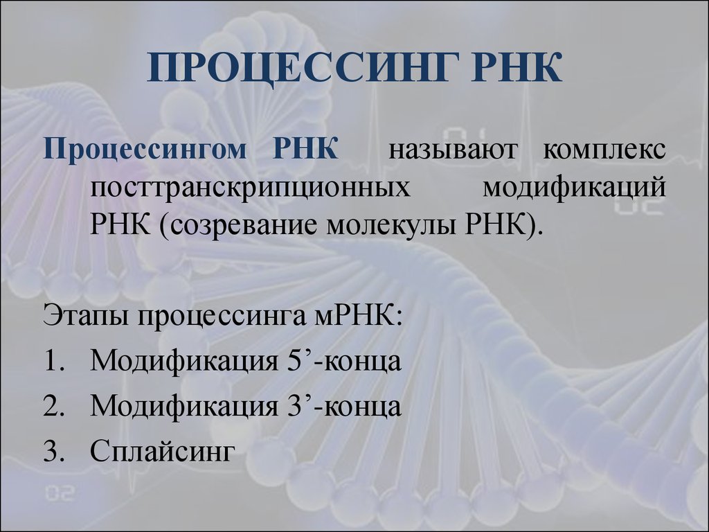 Последовательность этапов процессинга. Процессинг РНК. Посттранскрипционный процессинг РНК. Процессинг матричной РНК. Процессинг РНК У эукариот биохимия.