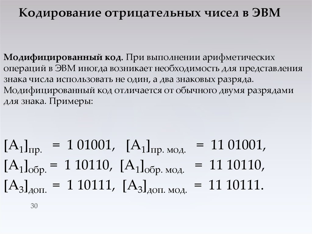 Арифметические операции в кодах. Кодирование чисел в ЭВМ. Представление числа в дополнительном коде. Модифицированный код. Модифицированный обратный код.