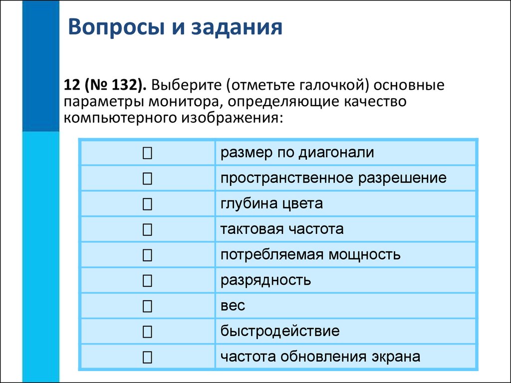 Выберите основные параметры монитора определяющие качество компьютерного изображения