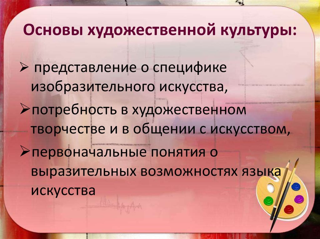 Потребность в художественном творчестве. Виды художественной деятельности. Формы организации работы на уроке изобразительного. Основы художественной культуры. Основные виды художественной деятельности.