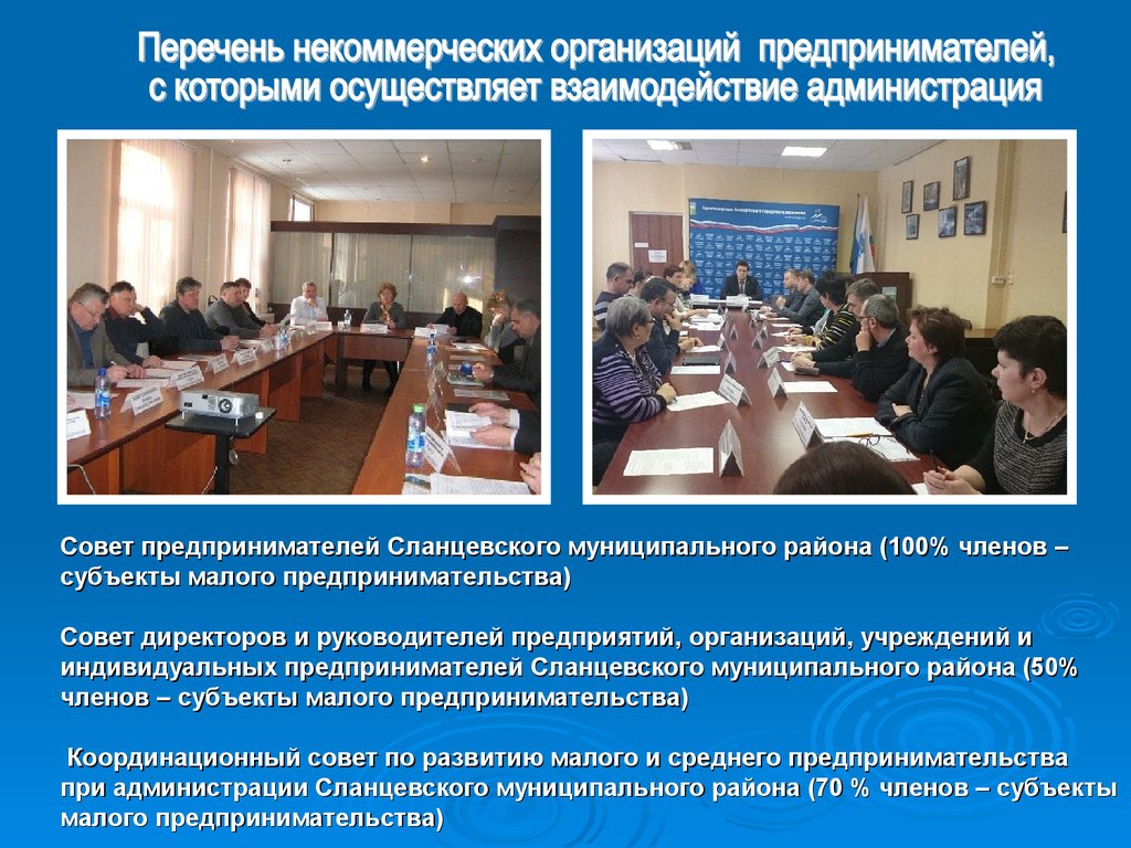 Совет предпринимателей Сланцевского муниципального района (100% членов – субъекты малого предпринимательства) Совет директоров и руководи