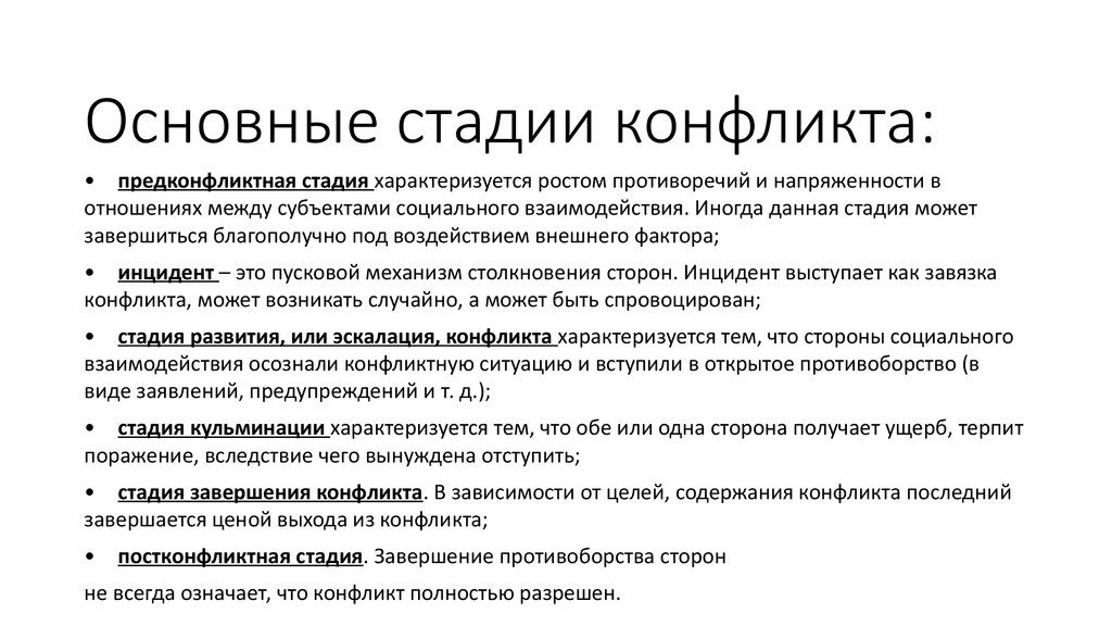 Заполните пропуски в схеме стадии конфликта возникновение конфликта