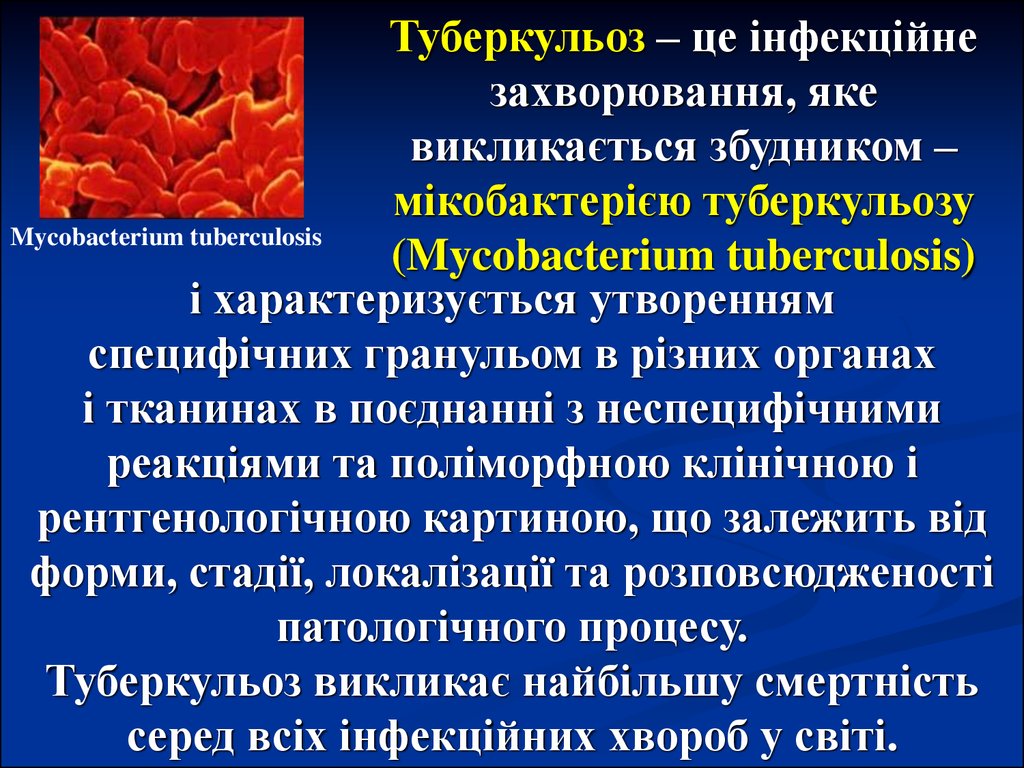 Туберкульоз – це інфекційне захворювання, яке викликається збудником – мікобактерією туберкульозу (Mycobacterium tuberculosis)