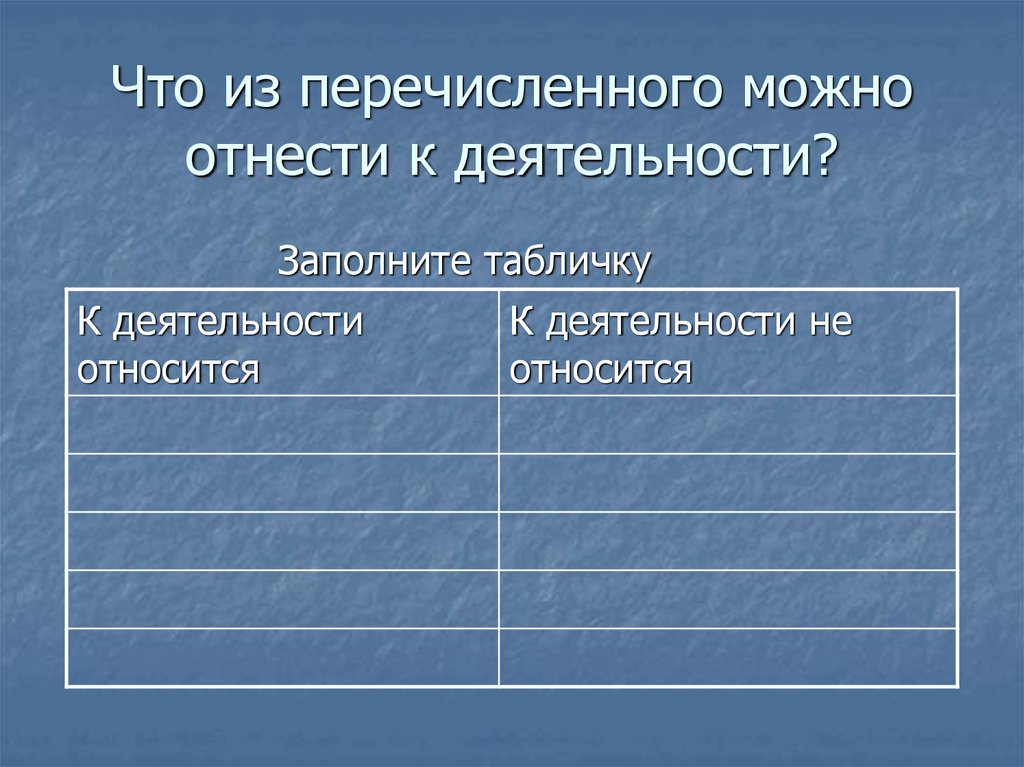 Деятельность заполнить. Что относится к деятельности. Заполнить табличку. Что из перечисленного не относится к деятельности. Что из перечисленного является деятельностью.