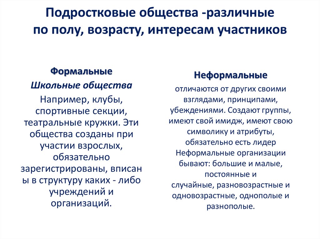 Подростковые общества -различные по полу, возрасту, интересам участников