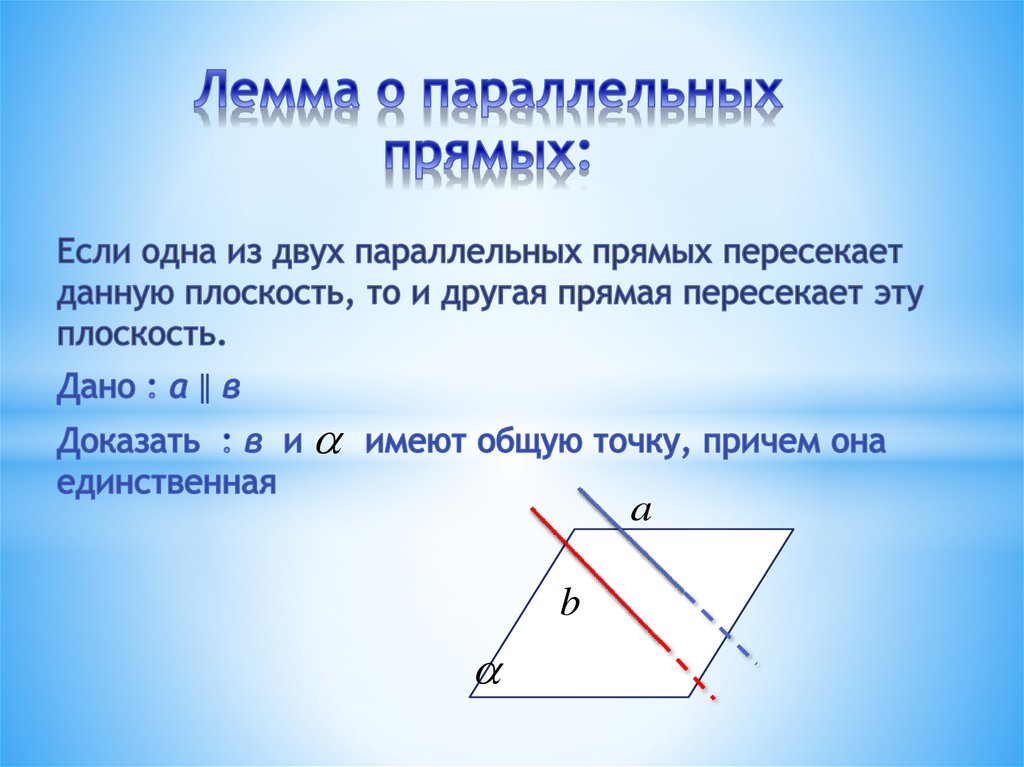 Сформулируйте лемму о параллельных прямых пересекающих плоскость сделайте пояснения и чертежи