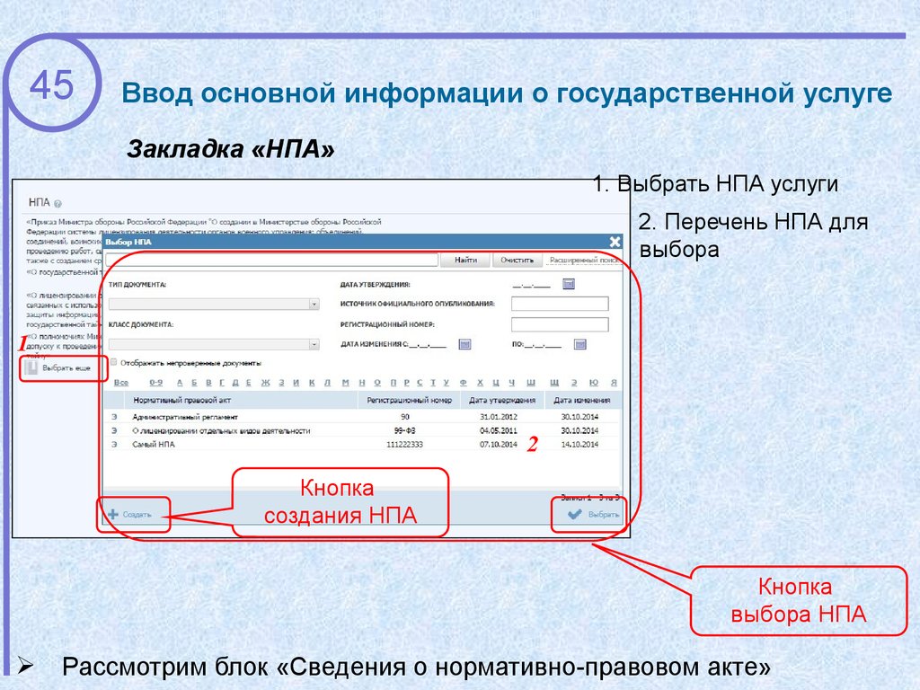 Основной ввод. Список кодов НПА. Идентификаторы услуг в реестре государственных услуг. Код НПА 0001. Коды услуги в ФРГУ.