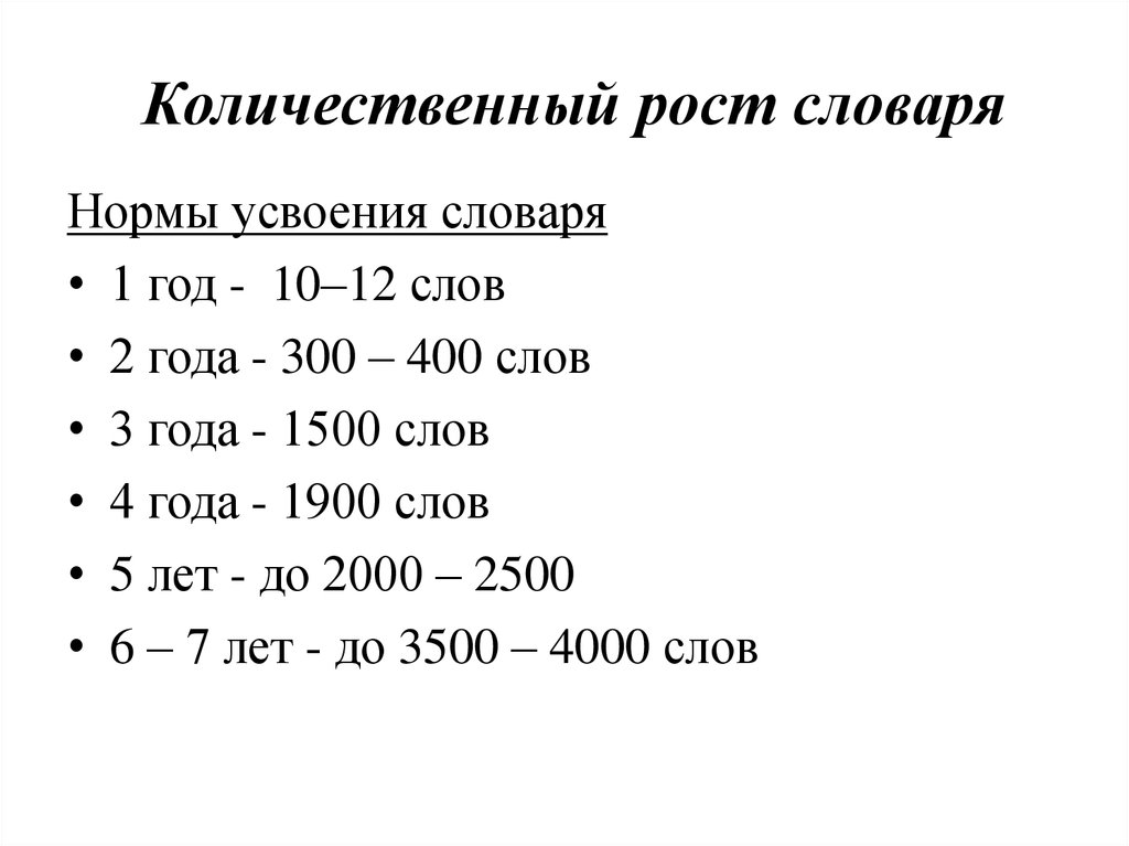 Какой сколько слов. Количественный рост словаря. Количественный рост словаря дошкольников. Количественные показатели развития словаря у детей по возрастам. Словарный запас по возрастам.