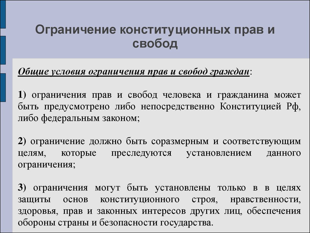 Свобода личности конституционное право. Ограничение прав и свобод человека. Ограничение конституционных прав и свобод. Ограничения прав и свобод человека и гражданина в РФ. Конституционные ограничения прав и свобод личности..