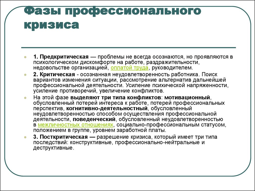 Профессиональные кризисы. Фазы профессионального кризиса. Основные фазы кризиса в психологии. Стадии профессиональных кризисов.