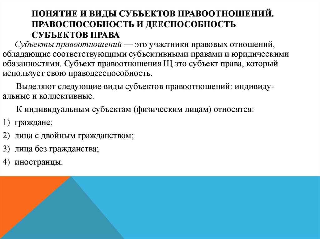 Виды субъектов правоотношений