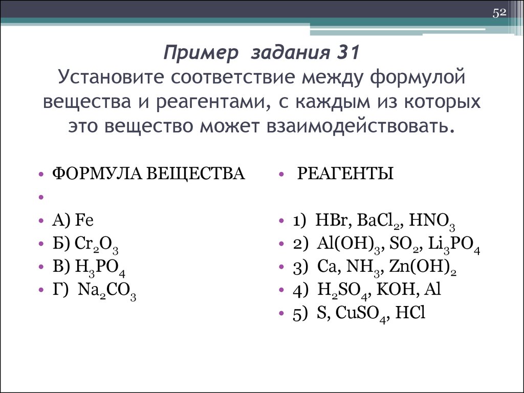 Соответствие между формулой вещества и реагентами