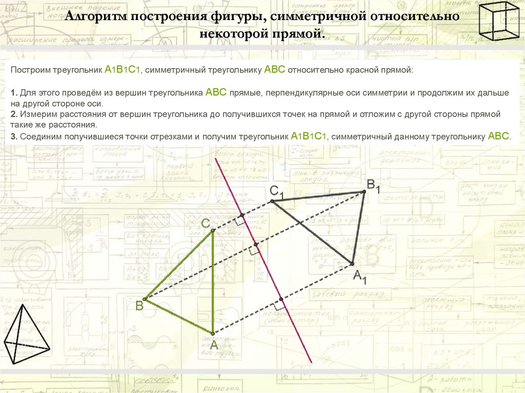 Построить фигуру симметричную прямой. Алгоритм построения точки симметричной относительно прямой. Алгоритм построения симметричной фигуры относительно прямой. Фигуры для построения алгоритма. Построение фигуры симметричной данной относительно оси.