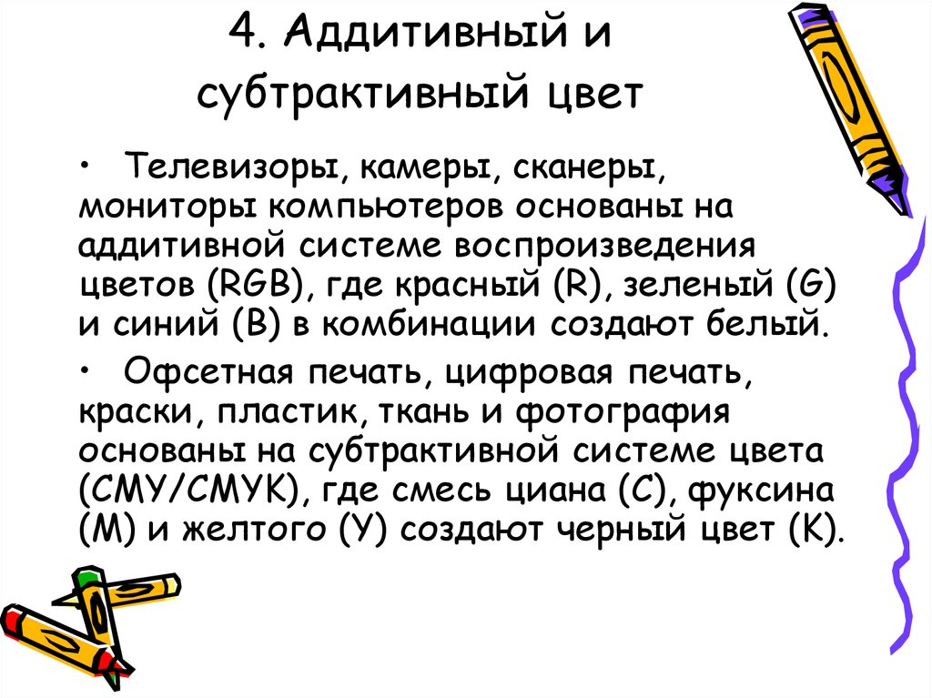 Аддитивное и субтрактивное смешение цветов презентация