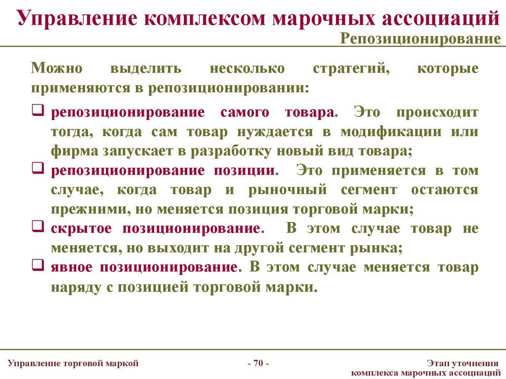 Управление комплексом марочных ассоциаций Репозиционирование