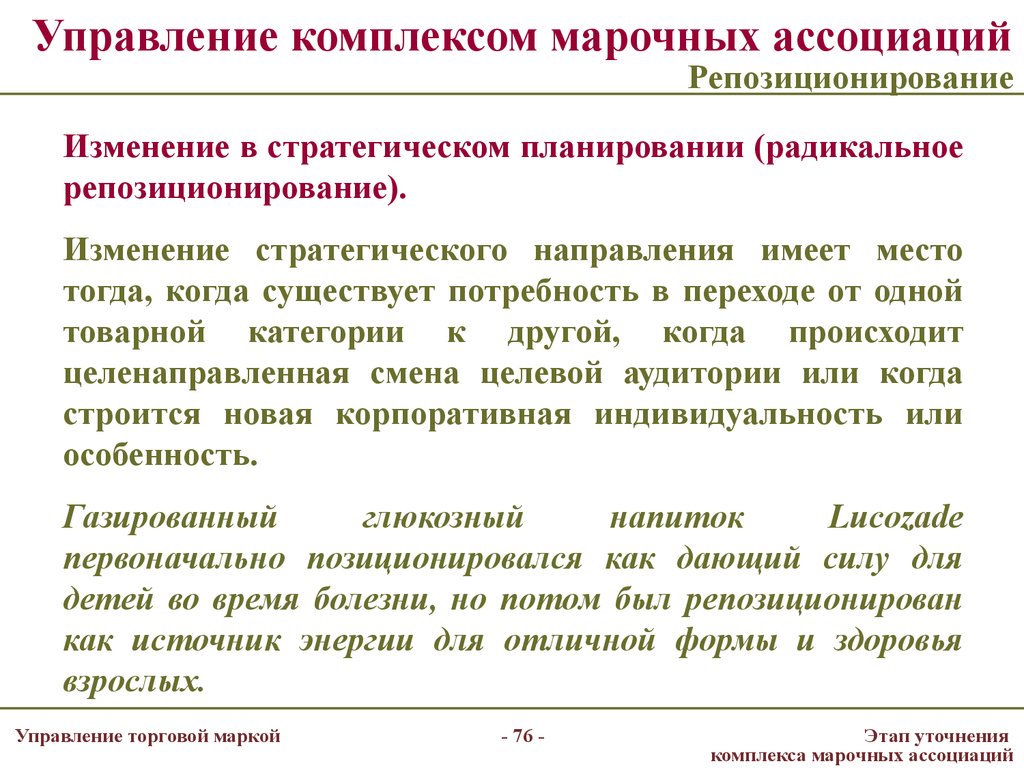 Управление комплексом марочных ассоциаций Репозиционирование